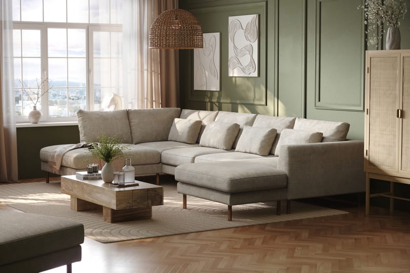 Florenz 4-sits Vänstervänd U-formad Soffa med Divan och Schäslong i Chenille - Grå / Beige - Möbler - Soffa - Divansoffa & schäslongsoffa - 4 sits soffa med divan