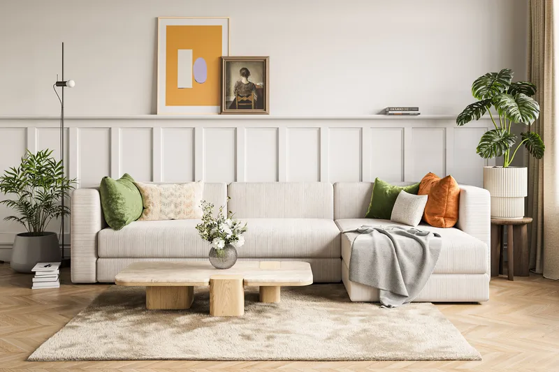 Hagblom 4-sits Vändbar Divansoffa 320 cm med Förvaring i Manchestertyg - Beige - Möbler - Soffa - Divansoffa & schäslongsoffa - 4 sits soffa med divan