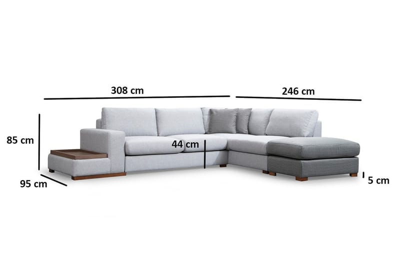 Huelva 5-sits Högervänd L-formad Divansoffa 308 cm med Schäslong i Tyg - Grå - Möbler - Soffa - Divansoffa & schäslongsoffa
