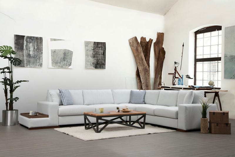 Huelva Vänstervänd L-formad Hörnsoffa 363 cm i Tyg med Sidobord - Beige - Möbler - Soffa - Hörnsoffa