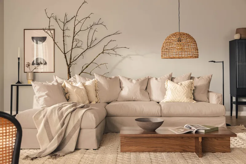 Menard 4-sits Vänstervänd L-formad Schäslongsoffa i Tyg - Beige - Möbler - Soffa - Divansoffa & schäslongsoffa - 4 sits soffa med divan