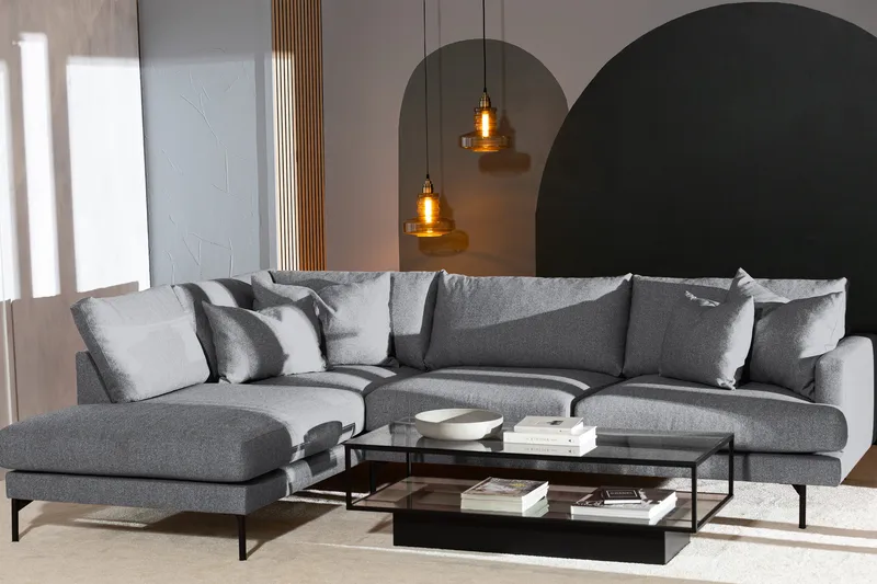 Menard 4-sits Vänstervänd L-formad Djup Schäslongsoffa i Tyg - Grå - Möbler - Soffa - Divansoffa & schäslongsoffa - 4 sits soffa med divan