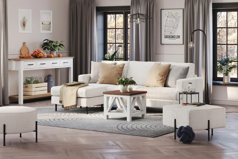 Menard Compact 3-sits Vänstervänd L-formad Divansoffa i Bouclé - Vit - Möbler - Soffa - Divansoffa & schäslongsoffa - 3 sits soffa med divan