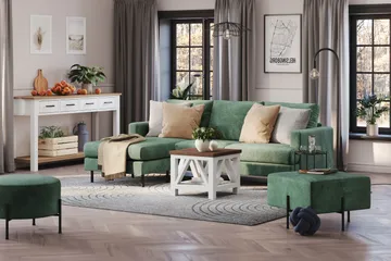 Menard Compact 3-sits Vänstervänd L-formad Divansoffa i Sammet - Mörkgrön - Möbler - Soffa - Divansoffa & schäslongsoffa - 3 sits soffa med divan