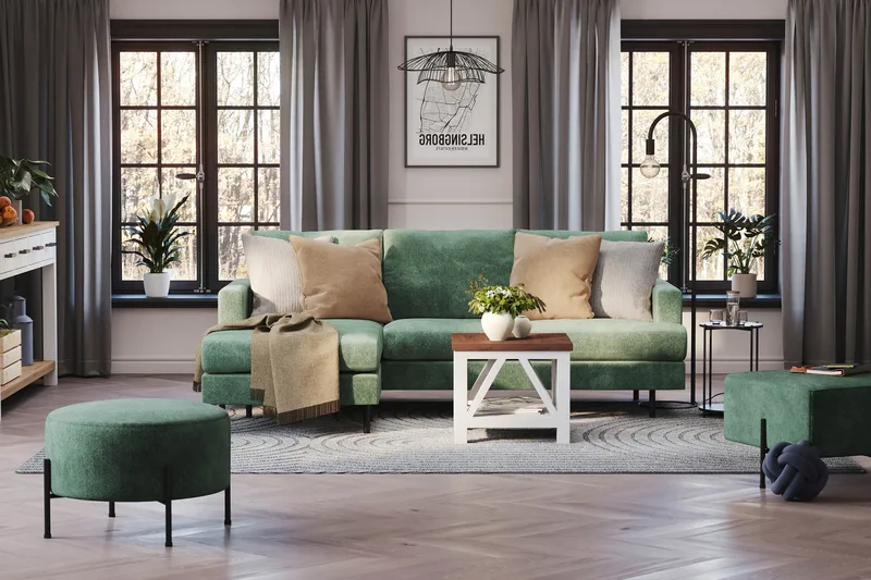 Menard Compact 3-sits Vänstervänd L-formad Divansoffa i Sammet - Mörkgrön - Möbler - Soffa - Divansoffa & schäslongsoffa - 3 sits soffa med divan