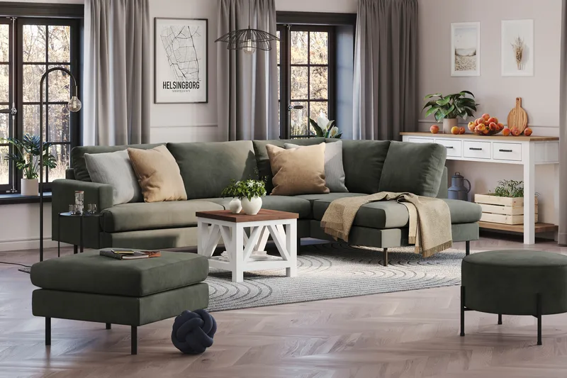 Menard Compact 4-sits Högervänd L-formad Schäslongsoffa i Manchester - Mörkgrön - Möbler - Soffa - Divansoffa & schäslongsoffa - 4 sits soffa med divan