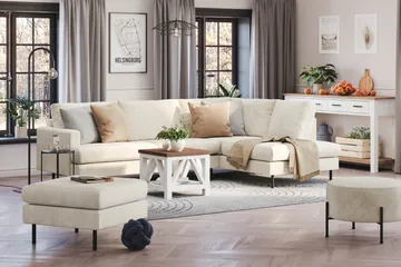 Menard Compact 4-sits Högervänd L-formad Schäslongsoffa i Sammet - Krämvit - Möbler - Soffa - Divansoffa & schäslongsoffa - 4 sits soffa med divan