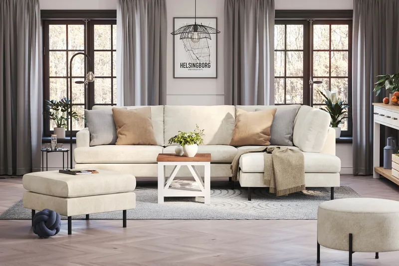 Menard Compact 4-sits Högervänd L-formad Schäslongsoffa i Sammet - Krämvit - Möbler - Soffa - Divansoffa & schäslongsoffa - 4 sits soffa med divan