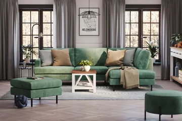 Menard Compact 4-sits Högervänd L-formad Schäslongsoffa i Sammet - Mörkgrön - Möbler - Soffa - Divansoffa & schäslongsoffa - 4 sits soffa med divan