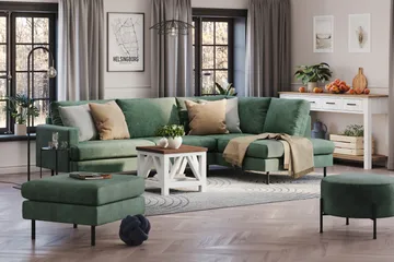 Menard Compact 4-sits Högervänd L-formad Schäslongsoffa i Sammet - Mörkgrön - Möbler - Soffa - Divansoffa & schäslongsoffa - 4 sits soffa med divan