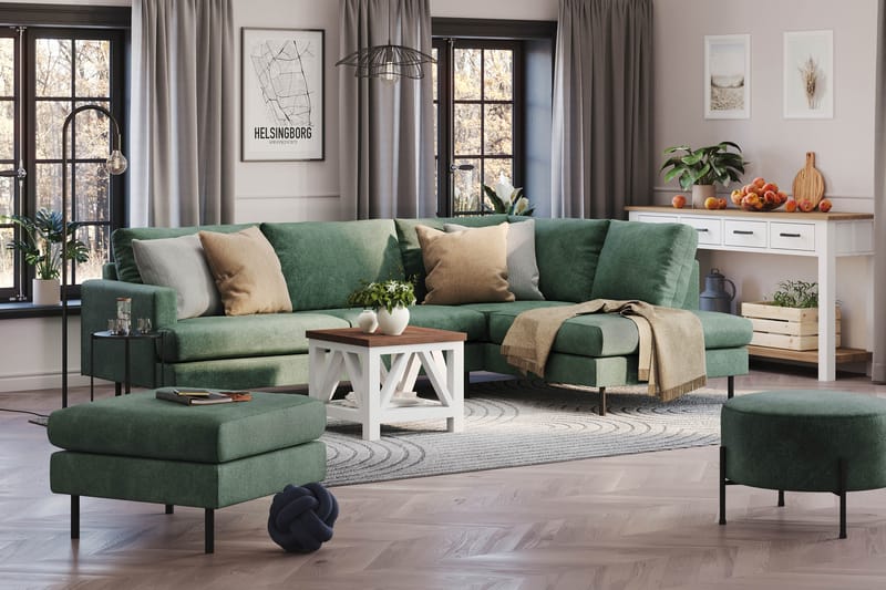 Menard Compact 4-sits Högervänd L-formad Schäslongsoffa i Sammet - Mörkgrön - Möbler - Soffa - Divansoffa & schäslongsoffa - 4 sits soffa med divan