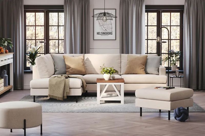 Menard Compact 4-sits Vänstervänd L-formad Schäslongsoffa i Tyg - Beige - Möbler - Soffa - Divansoffa & schäslongsoffa - 4 sits soffa med divan