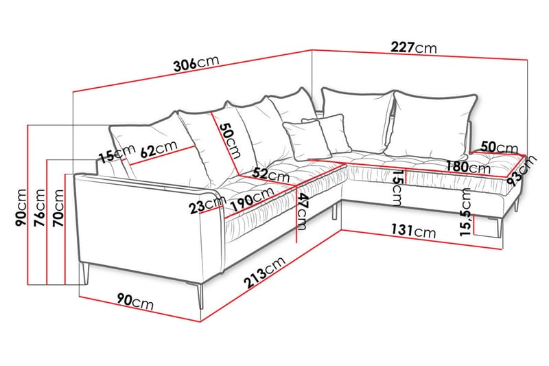 Mierzen 3-sits Soffa - Rosa - Sammetssoffa - 3 sits soffa med divan - Divansoffa & schäslongsoffa