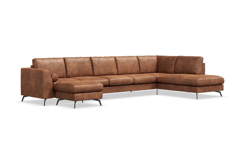 Ocean Lyx 6-sits Högervänd U-formad Soffa med Divan och Schäslong + Fotpall i Konstläder - Brun - Möbler - Soffa - Divansoffa & schäslongsoffa