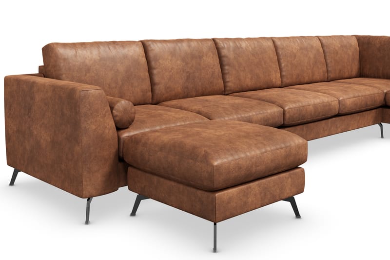 Ocean Lyx 6-sits Högervänd U-formad Soffa med Divan och Schäslong + Fotpall i Konstläder - Brun - Möbler - Soffa - Divansoffa & schäslongsoffa