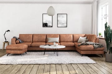 Ocean Lyx 6-sits Högervänd U-formad Soffa med Divan och Schäslong + Fotpall i Konstläder - Brun - Möbler - Soffa - Divansoffa & schäslongsoffa