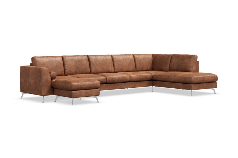 Ocean Lyx 6-sits Högervänd U-formad Soffa med Divan och Schäslong + Fotpall i Konstläder - Brun - Möbler - Soffa - Divansoffa & schäslongsoffa