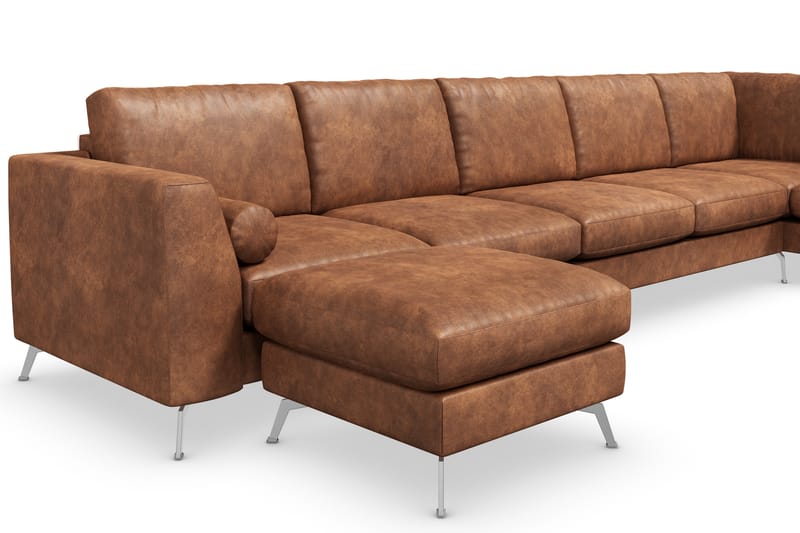 Ocean Lyx 6-sits Högervänd U-formad Soffa med Divan och Schäslong + Fotpall i Konstläder - Brun - Möbler - Soffa - Divansoffa & schäslongsoffa