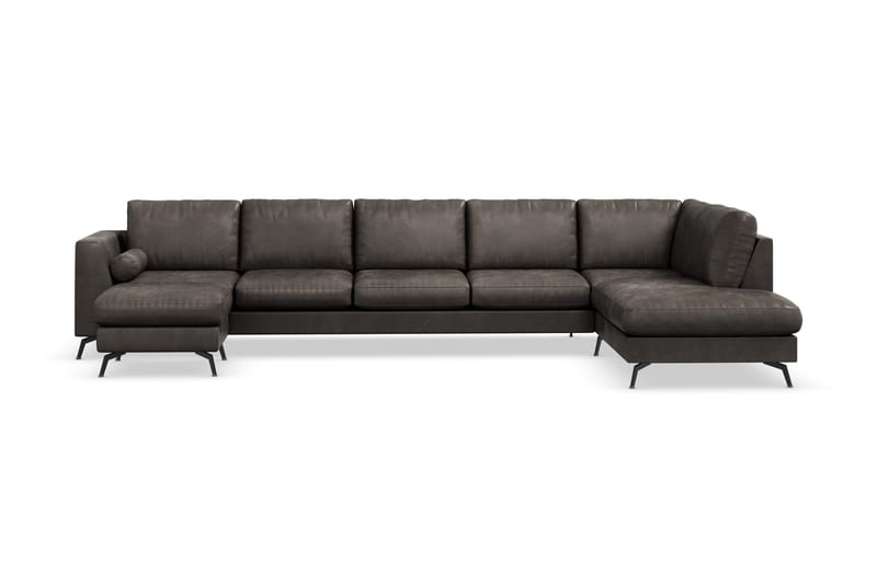 Ocean Lyx 6-sits Högervänd U-formad Soffa med Divan och Schäslong + Fotpall i Konstläder - Mörkgrå - Möbler - Soffa - Divansoffa & schäslongsoffa