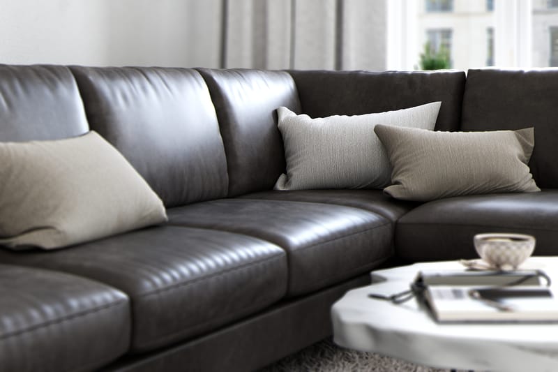 Ocean Lyx 6-sits Högervänd U-formad Soffa med Divan och Schäslong + Fotpall i Konstläder - Mörkgrå - Möbler - Soffa - Divansoffa & schäslongsoffa