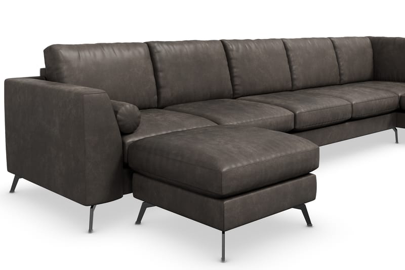Ocean Lyx 6-sits Högervänd U-formad Soffa med Divan och Schäslong + Fotpall i Konstläder - Mörkgrå - Möbler - Soffa - Divansoffa & schäslongsoffa