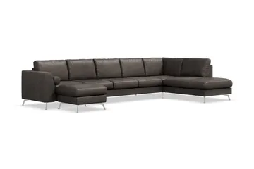 Ocean Lyx 6-sits Högervänd U-formad Soffa med Divan och Schäslong + Fotpall i Konstläder - Mörkgrå - Möbler - Soffa - Skinnsoffa