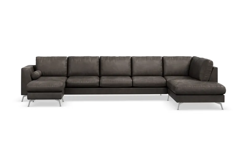 Ocean Lyx 6-sits Högervänd U-formad Soffa med Divan och Schäslong + Fotpall i Konstläder, Mörkgrå