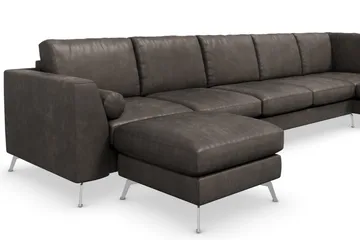Ocean Lyx 6-sits Högervänd U-formad Soffa med Divan och Schäslong + Fotpall i Konstläder - Mörkgrå - Möbler - Soffa - Skinnsoffa