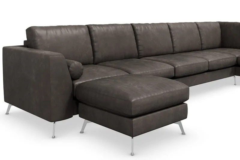 Ocean Lyx 6-sits Högervänd U-formad Soffa med Divan och Schäslong + Fotpall i Konstläder - Mörkgrå - Möbler - Soffa - Skinnsoffa