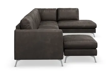 Ocean Lyx 6-sits Högervänd U-formad Soffa med Divan och Schäslong + Fotpall i Konstläder - Mörkgrå - Möbler - Soffa - Skinnsoffa