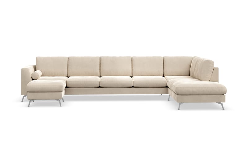 Ocean Lyx 6-sits Högervänd U-formad Soffa med Divan och Schäslong + Fotpall i Sammet - Beige - Möbler - Soffa - Divansoffa & schäslongsoffa