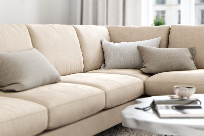 Ocean Lyx 6-sits Högervänd U-formad Soffa med Divan och Schäslong + Fotpall i Sammet - Beige - Möbler - Soffa - Divansoffa & schäslongsoffa
