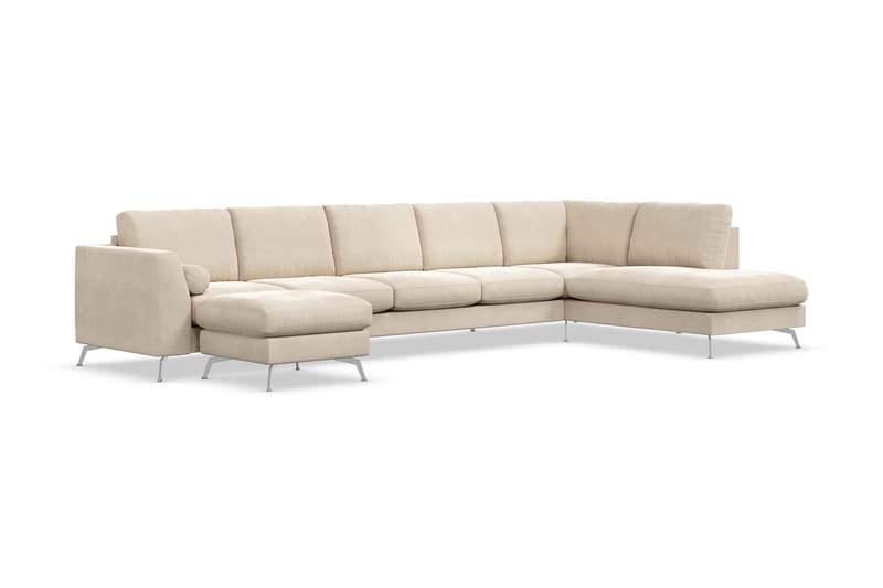 Ocean Lyx 6-sits Högervänd U-formad Soffa med Divan och Schäslong + Fotpall i Sammet - Beige - Möbler - Soffa - Divansoffa & schäslongsoffa