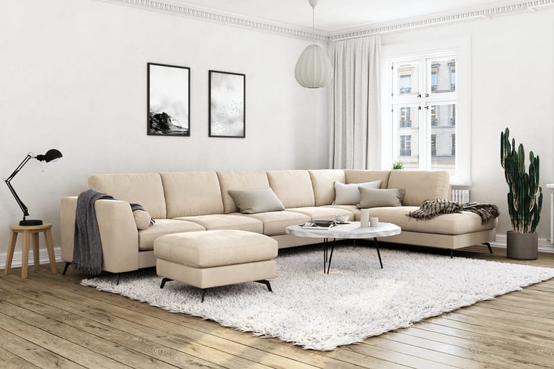 Ocean Lyx 6-sits Högervänd U-formad Soffa med Divan och Schäslong + Fotpall i Sammet - Beige - Möbler - Soffa - Divansoffa & schäslongsoffa
