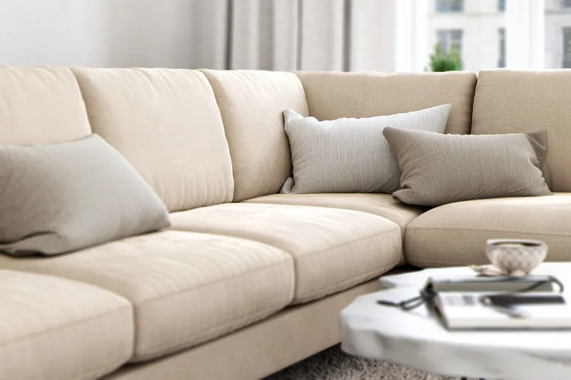 Ocean Lyx 6-sits Högervänd U-formad Soffa med Divan och Schäslong + Fotpall i Sammet - Beige - Möbler - Soffa - Sammetssoffa