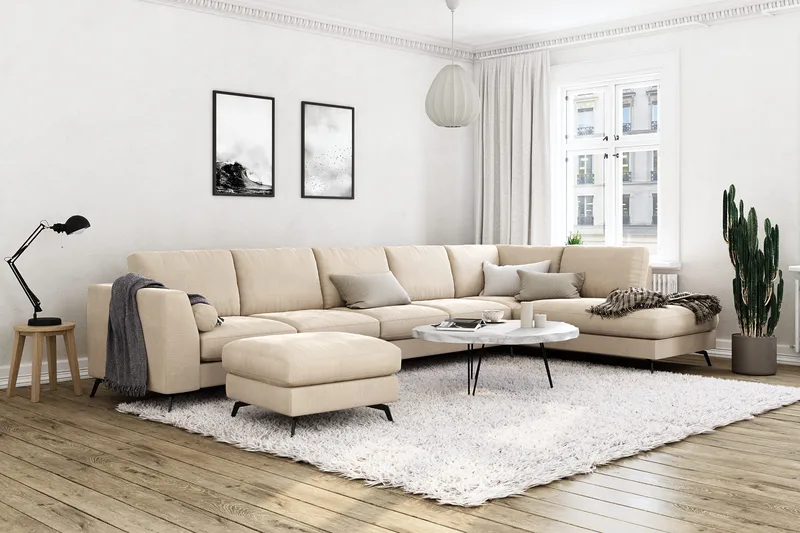 Ocean Lyx 6-sits Högervänd U-formad Soffa med Divan och Schäslong + Fotpall i Sammet - Beige - Möbler - Soffa - Sammetssoffa