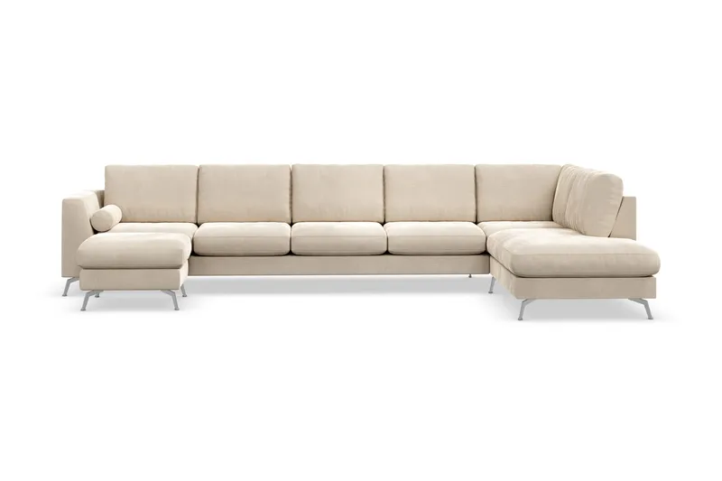 Ocean Lyx 6-sits Högervänd U-formad Soffa med Divan och Schäslong + Fotpall i Sammet, Beige