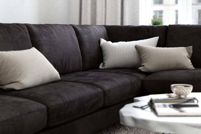 Ocean Lyx 6-sits Högervänd U-formad Soffa med Divan och Schäslong + Fotpall i Sammet - Mörkgrå - Möbler - Soffa - Divansoffa & schäslongsoffa
