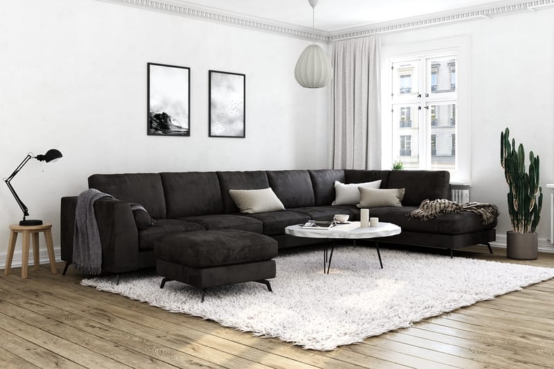 Ocean Lyx 6-sits Högervänd U-formad Soffa med Divan och Schäslong + Fotpall i Sammet - Mörkgrå - Möbler - Soffa - Divansoffa & schäslongsoffa