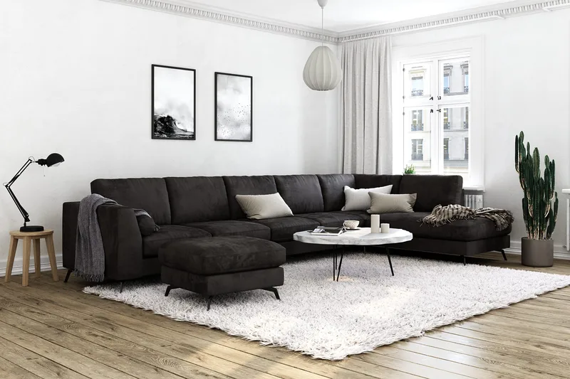 Ocean Lyx 6-sits Högervänd U-formad Soffa med Divan och Schäslong + Fotpall i Sammet - Mörkgrå - Möbler - Soffa - Sammetssoffa