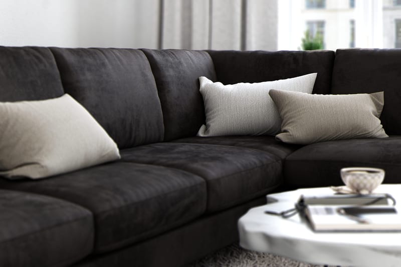 Ocean Lyx 6-sits Högervänd U-formad Soffa med Divan och Schäslong + Fotpall i Sammet - Mörkgrå - Möbler - Soffa - Sammetssoffa