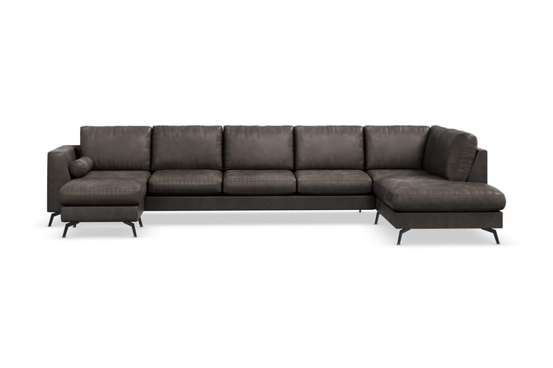 Ocean Lyx 6-sits Högervänd U-formad Soffa med Divan och Schäslong + Fotpall i Konstläder - Mörkgrå - Möbler - Soffa - Skinnsoffa