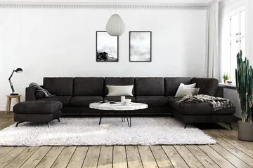 Ocean Lyx 6-sits Högervänd U-formad Soffa med Divan och Schäslong + Fotpall i Sammet - Mörkgrå - Möbler - Soffa - Sammetssoffa