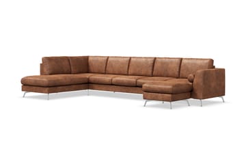 Ocean Lyx 6-sits Vänstervänd U-formad Soffa med Divan och Schäslong + Fotpall i Konstläder - Brun - Möbler - Soffa - Divansoffa & schäslongsoffa