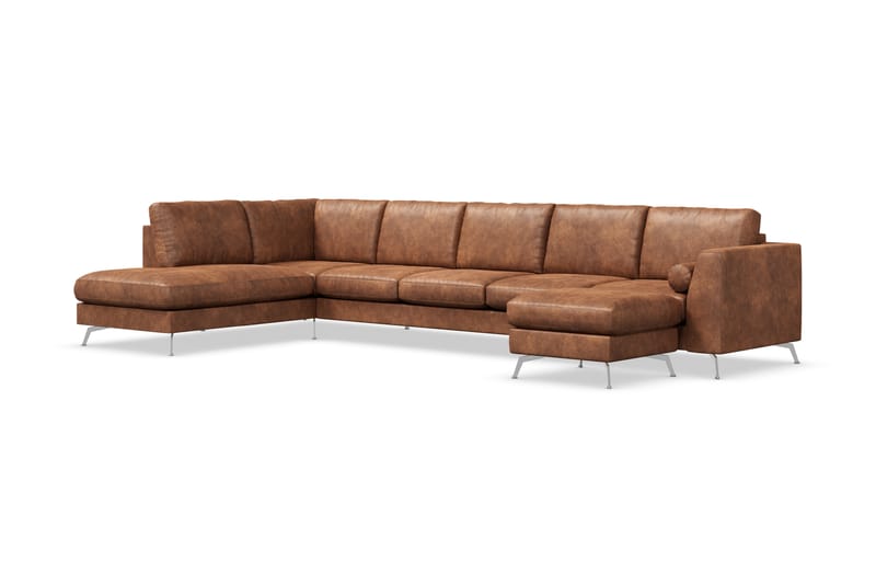Ocean Lyx 6-sits Vänstervänd U-formad Soffa med Divan och Schäslong + Fotpall i Konstläder - Brun - Möbler - Soffa - Divansoffa & schäslongsoffa