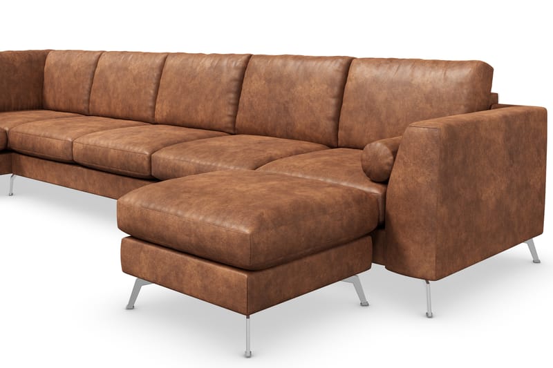 Ocean Lyx 6-sits Vänstervänd U-formad Soffa med Divan och Schäslong + Fotpall i Konstläder - Brun - Möbler - Soffa - Divansoffa & schäslongsoffa