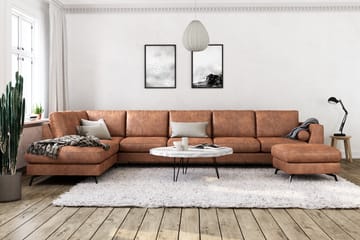 Ocean Lyx 6-sits Vänstervänd U-formad Soffa med Divan och Schäslong + Fotpall i Konstläder - Brun - Möbler - Soffa - Divansoffa & schäslongsoffa