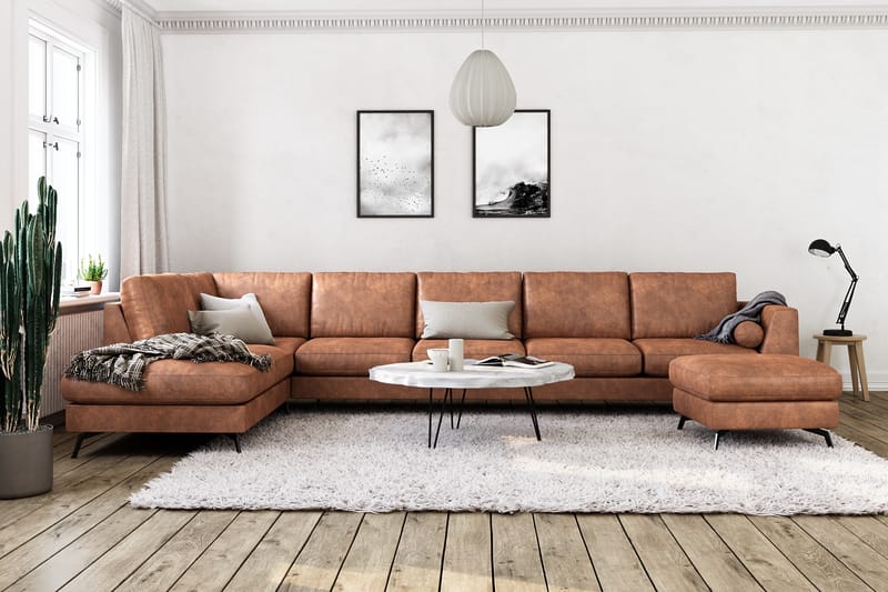 Ocean Lyx 6-sits Vänstervänd U-formad Soffa med Divan och Schäslong + Fotpall i Konstläder - Brun - Möbler - Soffa - Divansoffa & schäslongsoffa