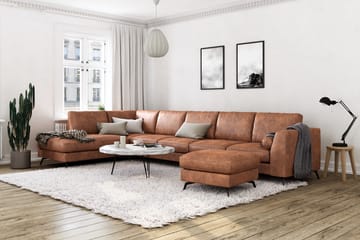 Ocean Lyx 6-sits Vänstervänd U-formad Soffa med Divan och Schäslong + Fotpall i Konstläder - Brun - Möbler - Soffa - Divansoffa & schäslongsoffa