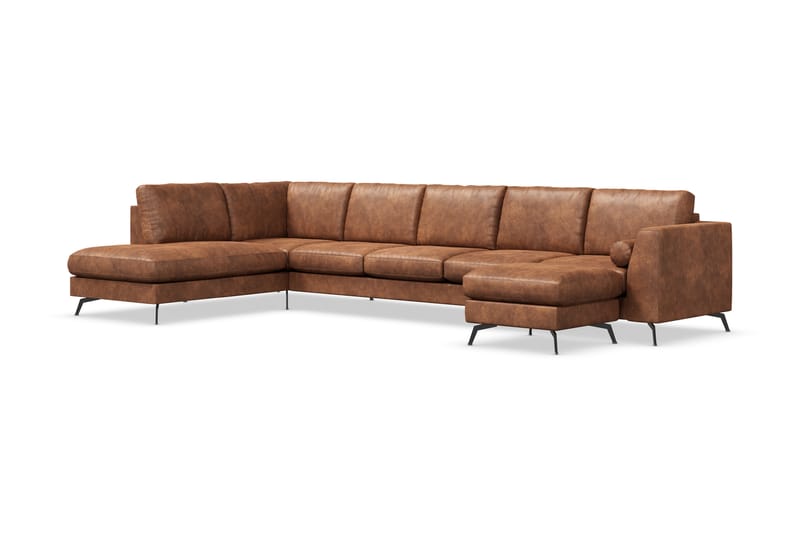 Ocean Lyx 6-sits Vänstervänd U-formad Soffa med Divan och Schäslong + Fotpall i Konstläder - Brun - Möbler - Soffa - Divansoffa & schäslongsoffa